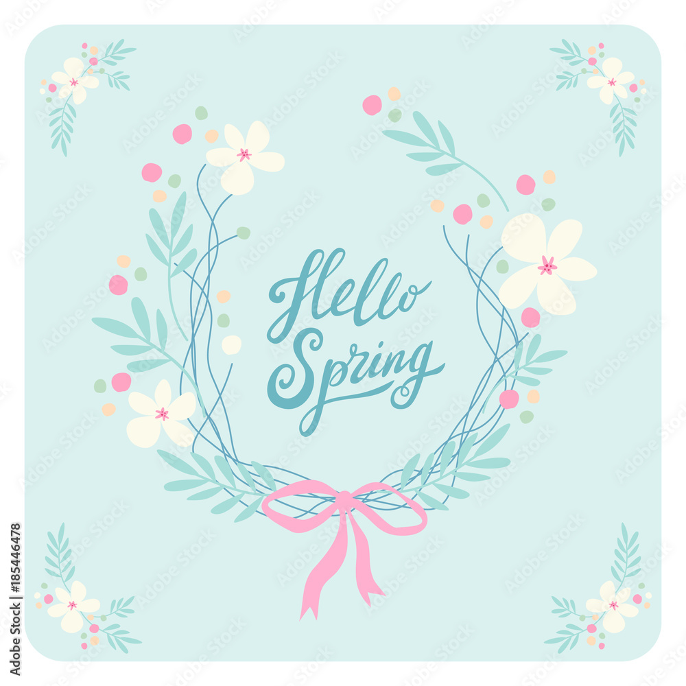 Cute rustic hand drawn Easter wreath of spring flowers with hand written text Hello Spring Cute rustic hand drawn Easter wreath of spring flowers with hand written text Hello Spring