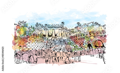Barcelona, Spain. Watercolor splash with sketch in vector illustration.