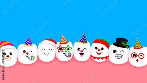 Set of New year celebration tooth characters. Emoticons facial expressions. Funny dental care concept. Illustration isolated on blue background.