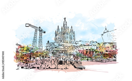 Barcelona, Spain. Watercolor splash with sketch in vector illustration.