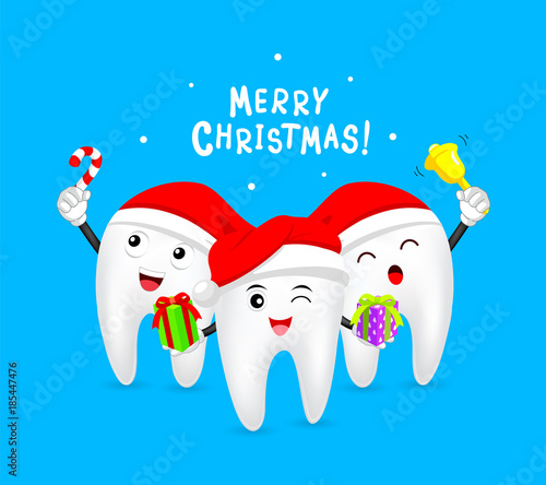 Cute cartoon Tooth Characters design wearing Santa hat. Merry Christmas and Happy new year concept. Illustration isolated on blue background.