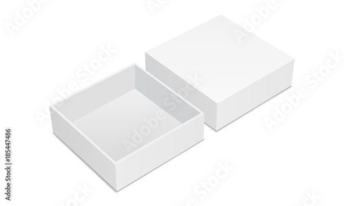 Empty square box mockup with lid isolated on white background. Vector illustration