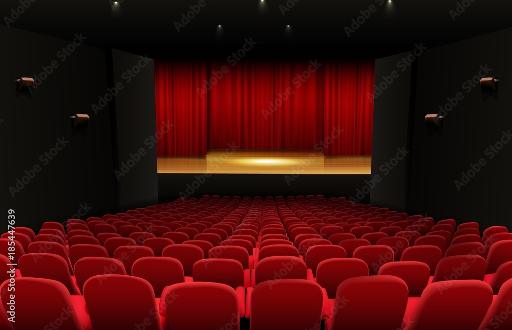 Fototapeta premium Theater stage with red curtains and seats
