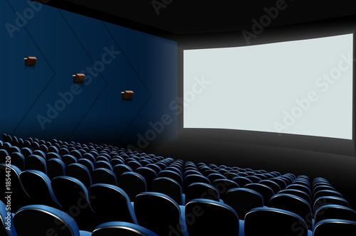 Cinema auditorium with blue seats and white blank screen