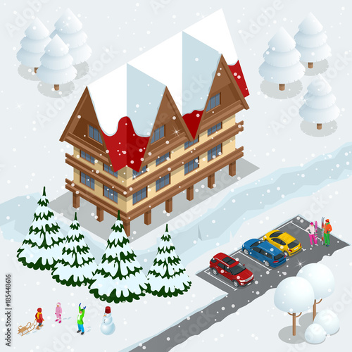 Ski resort, slope, people on the ski lift, skiers on the piste among white snow pine trees and hotel. Winter holiday web banner design. Vector isometric illustration.