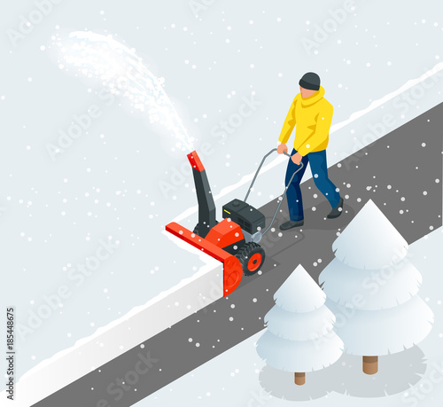 A man cleans snow from sidewalks with snowblower. City after blizzard. Isometric vector illustration.