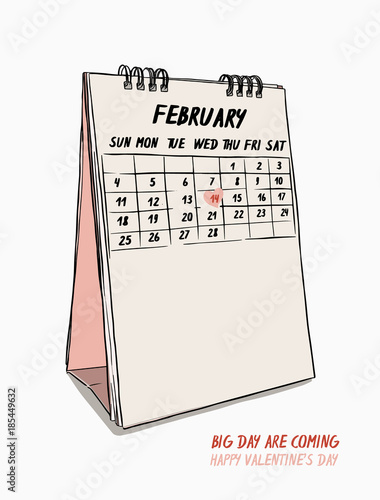 valentine's day hand draw 14th February calendar vector.