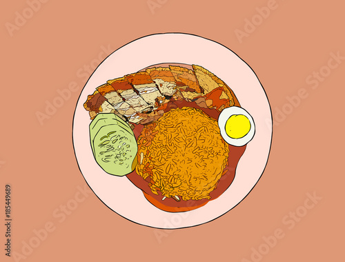 crispy pork belly  rice .Top view hand draw sketch vector.