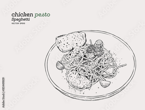 pesto spaghetti , hand draw sketch vector.