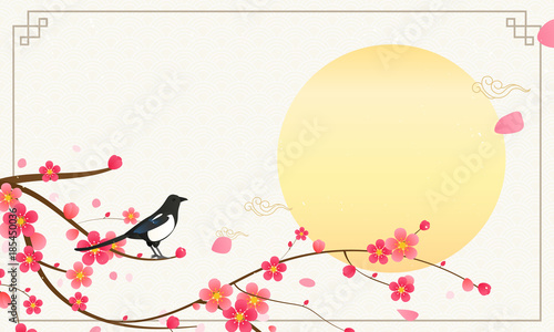 Seollal (Korean lunar new year ) vector illustration, Magpie with plum blossom branches on traditional Korean pattern. 