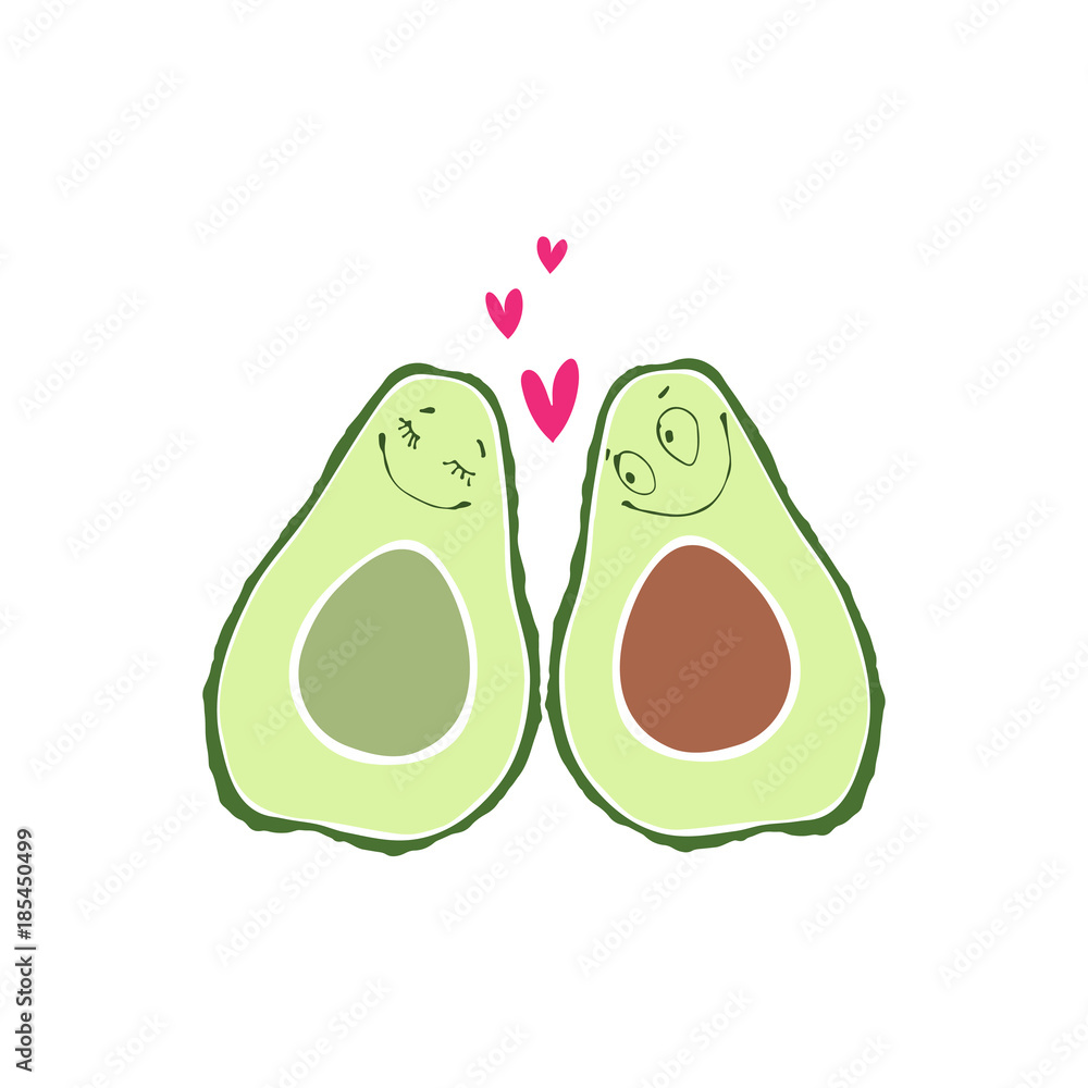 Avocado enamored. Humorous card with cute characters.Vector illustration on white background. Perfect for a wedding or Valentine's Day. Avocado enamored. Humorous card with cute characters.Vector illustration on white background. Perfect for a wedding or Valentine's Day.