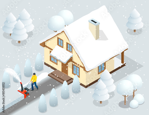 A man clears snow from sidewalks with snow blower backyard outside his house. City after a blizzard. House covered with snow. Isometric vector illustration