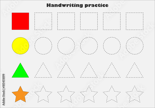 Handwriting practice sheet, kids preschool activity, educational children game, printable worksheet, writing training, learning geometric shapes, vector illustration
