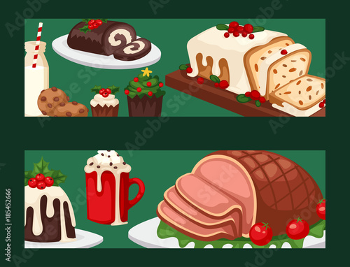Christmas food banner and desserts holiday decoration xmas sweet celebration vector traditional festive winter cake homemade dish.