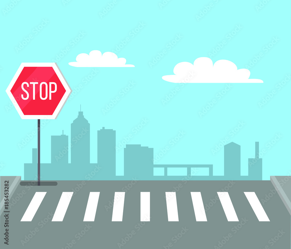 Fototapeta premium Pedestrian Crossing with Stop Sign, Traffic Lights