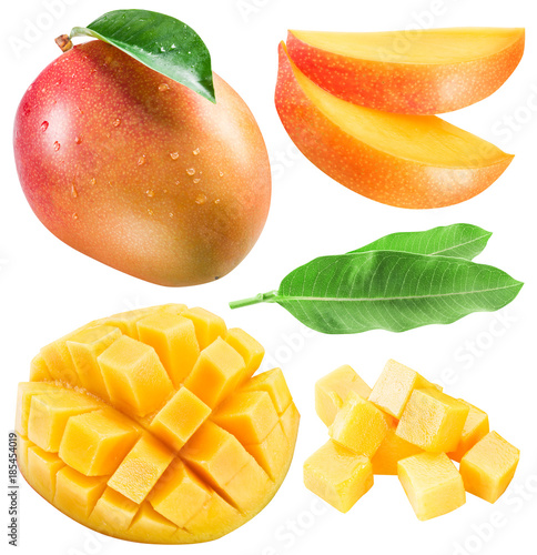 Set of mango fruits, mango slices and leaf. Clipping path for each item.