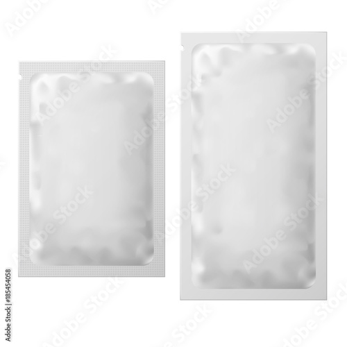 Food packaging Coffee, Salt, Sugar, Pepper, Sweets and other food. Realistic White Blank template Packaging Foil wet wipes sachet Pouch Medicine.