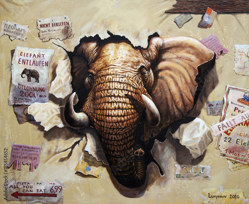 Wanted. Elephant painting.  Hand made acrylic illustration. photo