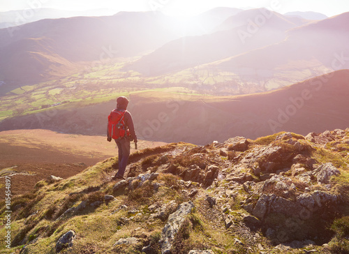 Fototapeta Naklejka Na Ścianę i Meble -  A hiker and their dog walking down the mountain ridge of Scar Crags and Causey Pike with the early morning sun in the English Lake District, UK.