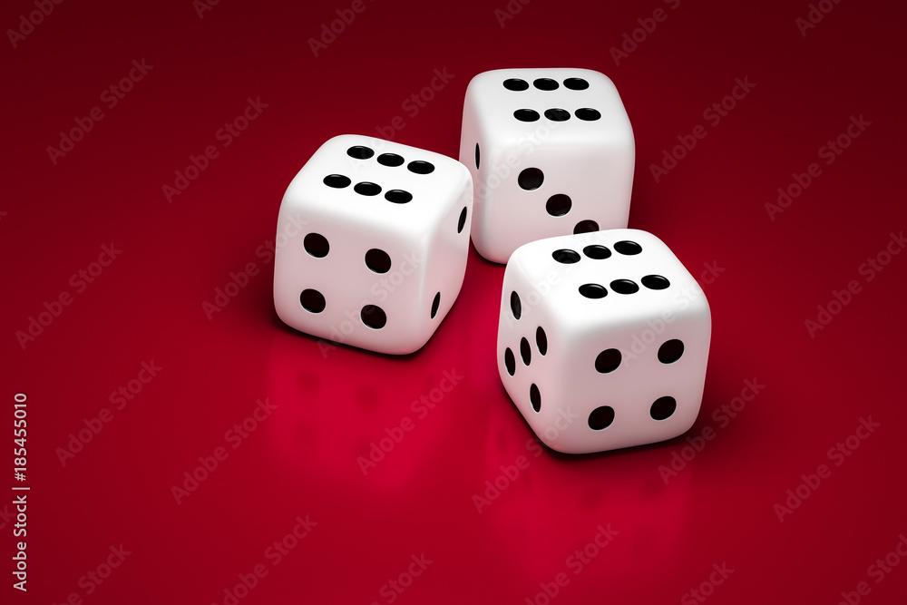 three white dice on a red background three white dice on a red background