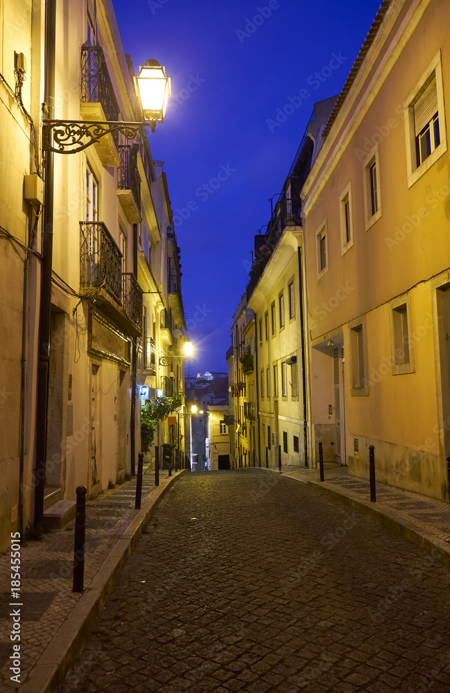 The San Pedro de Alcantara street in night. Lisbon. Portugal