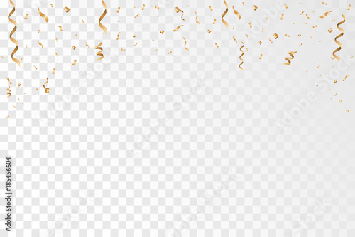 Golden confetti and ribbon falling on transparent background. Celebration. Vector Illustration EPS10
