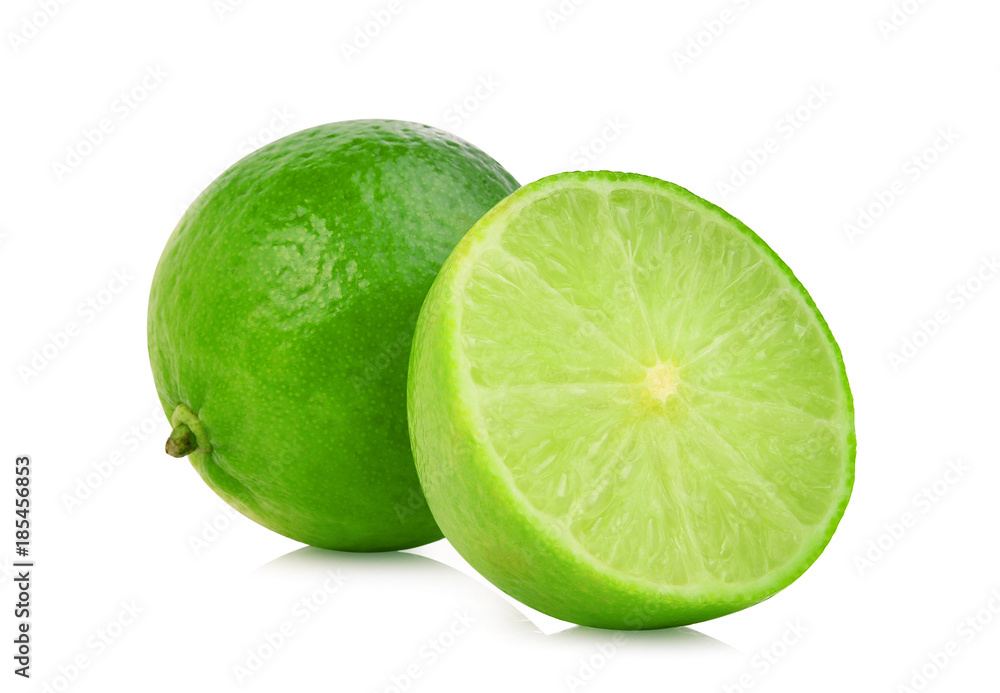 whole and half fresh green lime isolated on white background whole and half fresh green lime isolated on white background