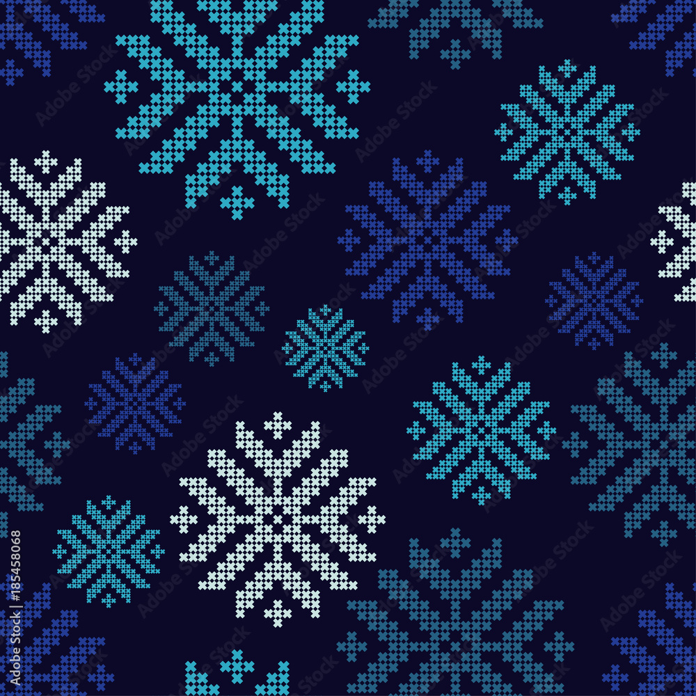 Seamless vector background with Norwegian snowflakes. Pixel snowflakes. Winter pattern. Textile rapport. Seamless vector background with Norwegian snowflakes. Pixel snowflakes. Winter pattern. Textile rapport.