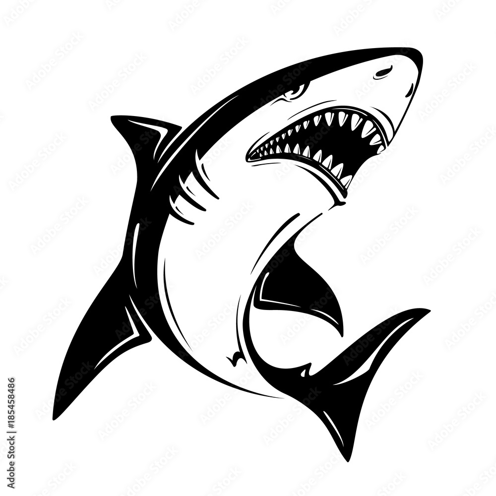 Obraz premium Ilustracja wektorowa zły czarny rekin na białym tle. Idealny do nadruku na koszulkach, kubkach, czapkach, logo, maskotkach lub innych projektach reklamowych