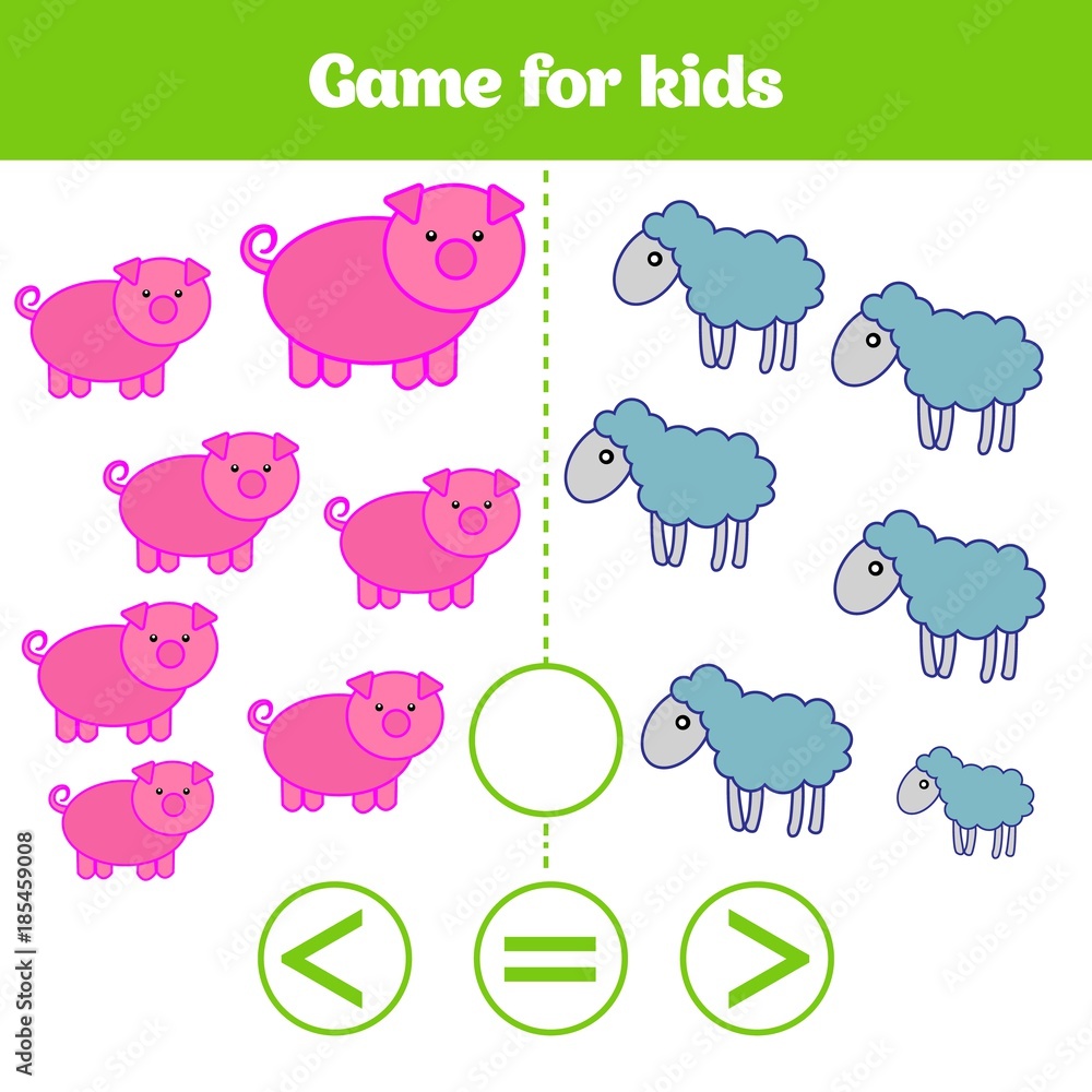Fototapeta premium Education logic game for preschool kids. Choose the correct answer. More, less or equal Vector illustration. Animal pictures for kids