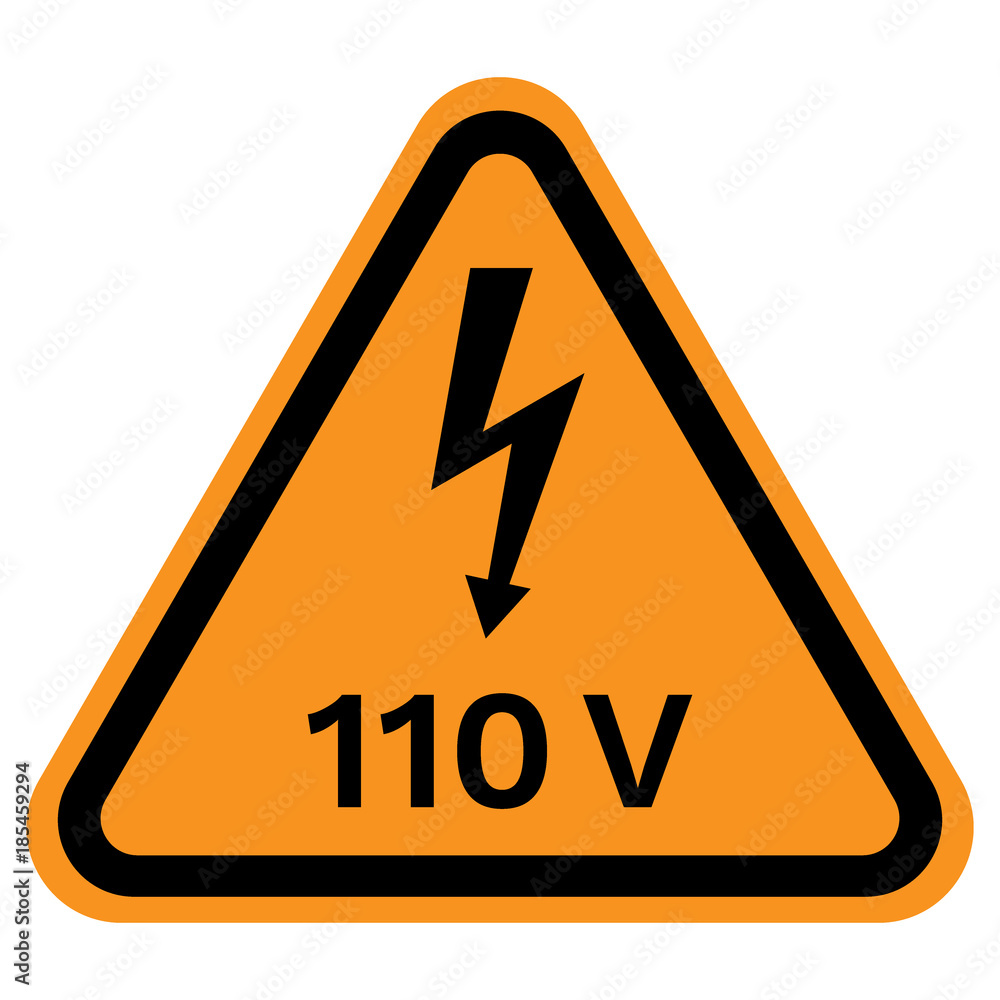 110 VOLT caution sign in yellow triangle. Vector icon. 110 VOLT caution sign in yellow triangle. Vector icon.