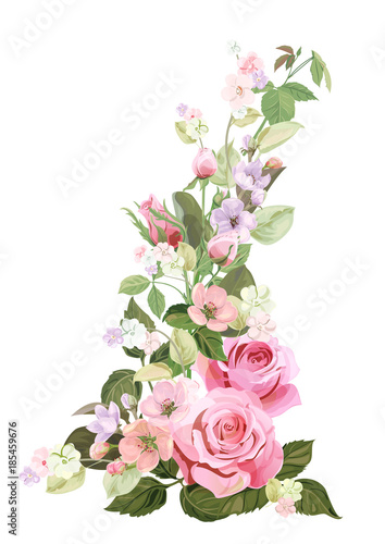 Bouquet of roses, spring blossom. Vertical border with red, mauve, pink flowers, buds, green leaves on white background. Digital draw illustration in watercolor style, vintage, vector