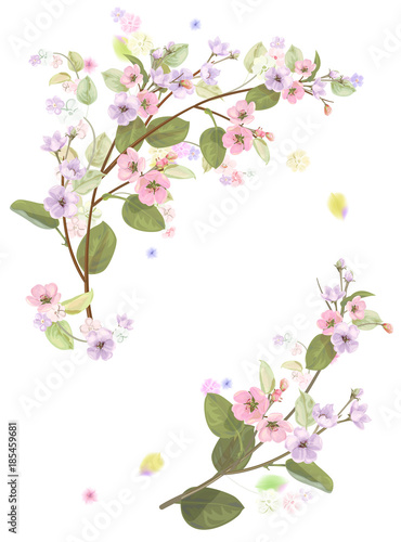 Spring blossom (bloom), branches with mauve, pink apple tree flowers. Bouquet light floret, buds, green leaves on white background. Digital draw, close-up in watercolor style, vintage, vector © analgin12