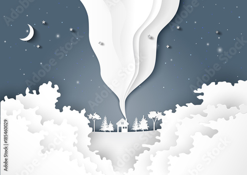 White house and nature landscape of night forest on snow winter background.For merry christmas and happy new year paper art style.Vector illustration.