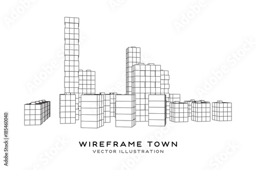 Mesh low poly wireframe cubes array like skyscraper city. Connected lines town. Connection Box Structure. Digital Data Visualization Concept. Vector Illustration.