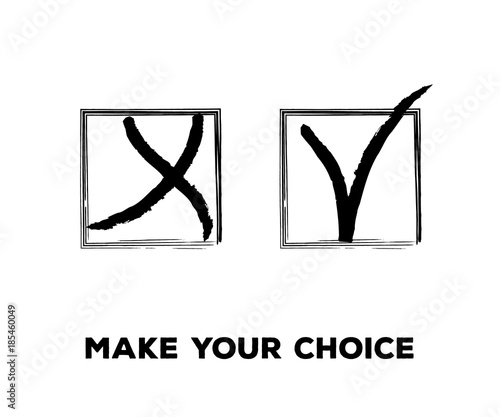 Yes and No Vector Set Square Frames, Isolated.  Hand Painted Election, Quizz, Voting, Test Symbols. Ink Brush Rejection and Approval, Query Choice Icons. Yes and No Tick and Cross Symbolic Marks.