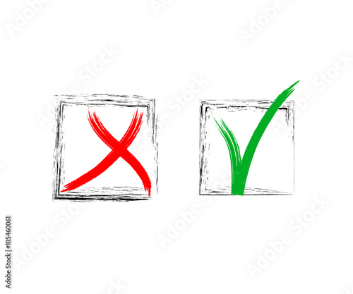 Yes and No Vector Set Square Frames, Isolated.  Hand Painted Election, Quizz, Voting, Test Symbols. Ink Brush Rejection and Approval, Query Choice Icons. Yes and No Tick and Cross Symbolic Marks.