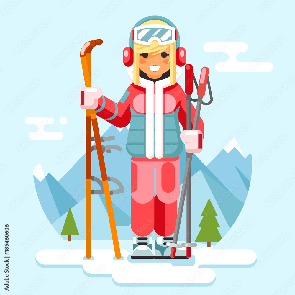 Cute skier girl ski winter sport resort holidays skiing mountain flat  design vector illustration Stock Vector