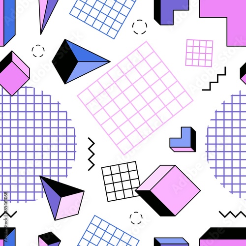 Seamless pattern with pink, blue and purple pyramids, cubes, other geometric shapes and zigzag lines on white background. Vector illustration in modern style for textile print, wrapping paper.
