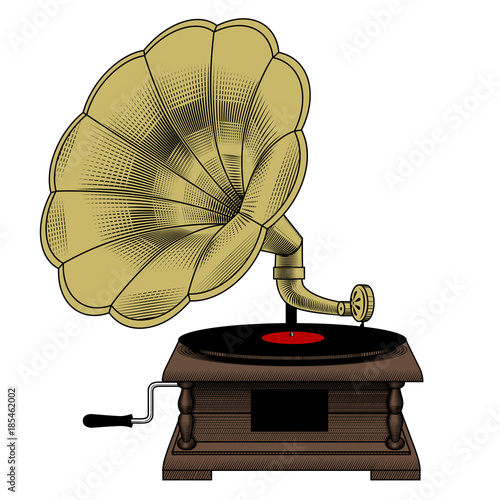 Vintage color engraving stylized drawing of old gramophone