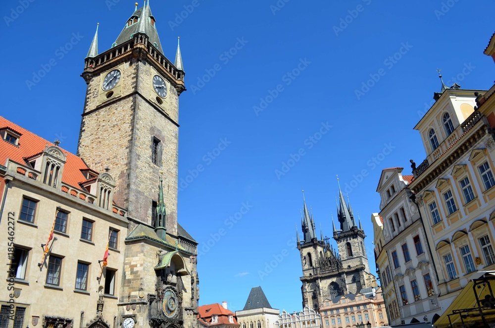 Prague - Old Town Hall Clock Tower and Church of Our Lady Before Tyn