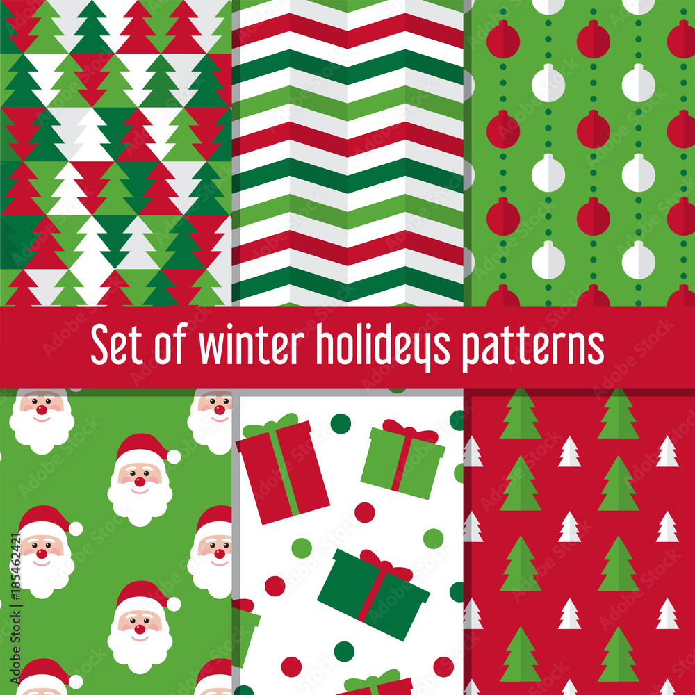 Collection of seamless patterns. Merry Christmas and Happy New Year decoration. Winter holidays banners. Colorful vector background. 2018. 