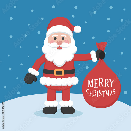 Santa Claus cartoon character holding a sack of gifts in flat style style. Concept of Christmas and Happy New Year. Vector illustration. 2018.