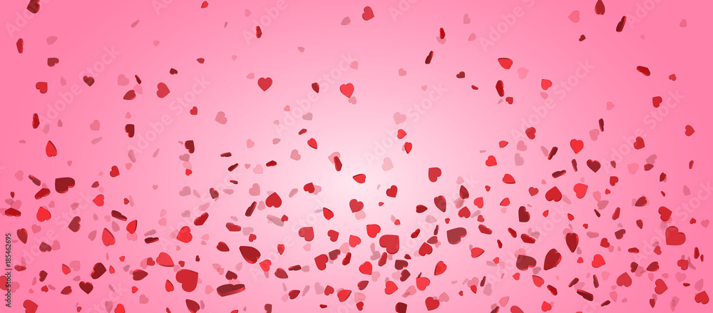 Heart confetti of Valentines petals falling on pink background. Flower petal in shape of heart confetti for Women's Day