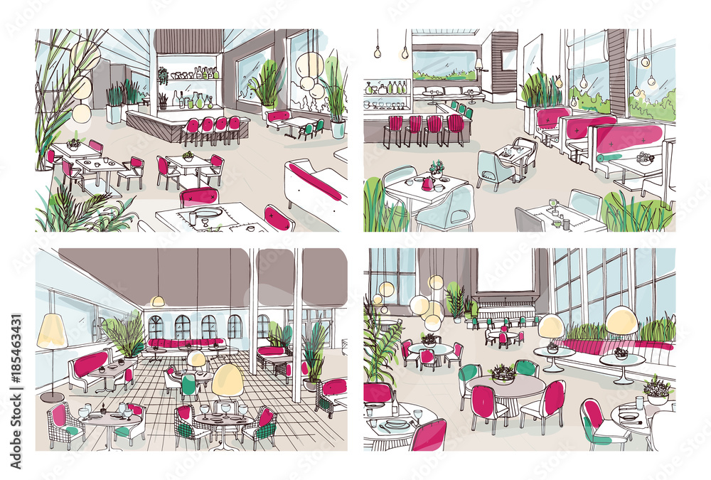 Bundle of colorful sketches of restaurant or bistro interiors with modern furnishings. Collection of colored freehand drawings of cafe or bar furnished in elegant style. Vector illustration.