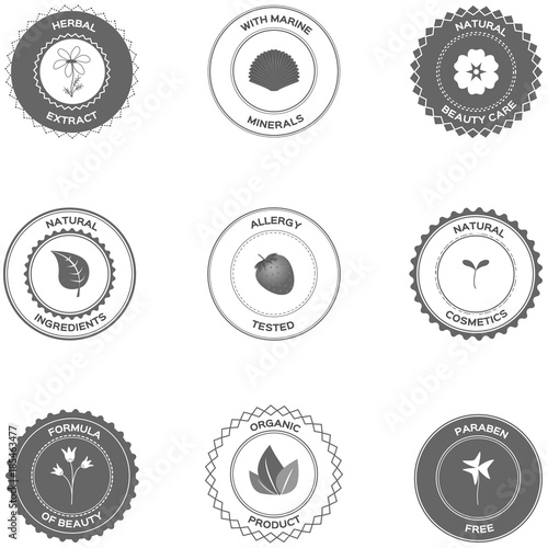 Cosmetics labels and badges. Vector set of badges and labels with various inscriptions for cosmetics.