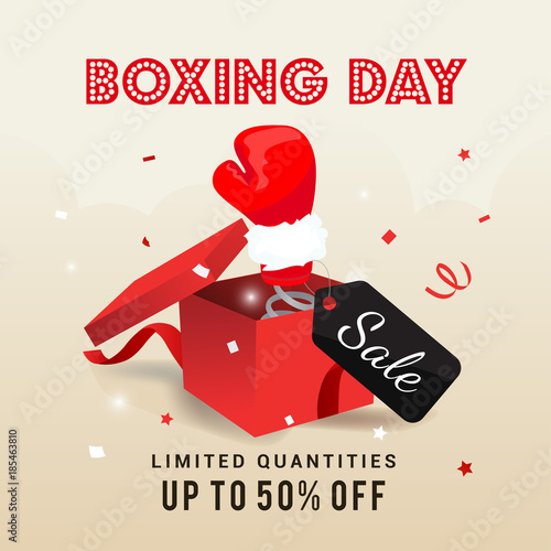 Boxing day Sale vector illustration, Boxing glove coming out of red box with price tag	