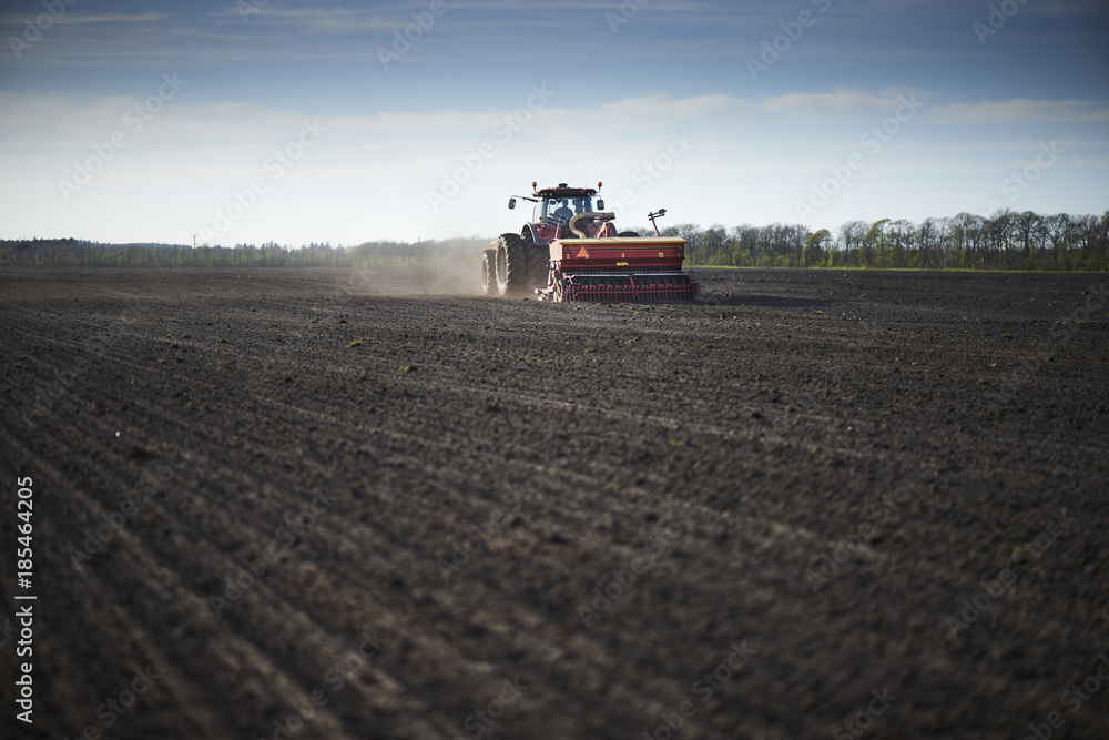 Obraz premium Red tractor plow field