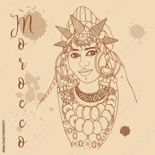 Moroccan girl retro style travel poster postcard hand drawn sketch