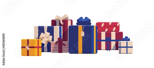 Holiday Christmas gift boxes wrapped in bright colored paper and decorated with ribbons and bows. Packed festive presents isolated on white background. Colorful realistic vector illustration.
